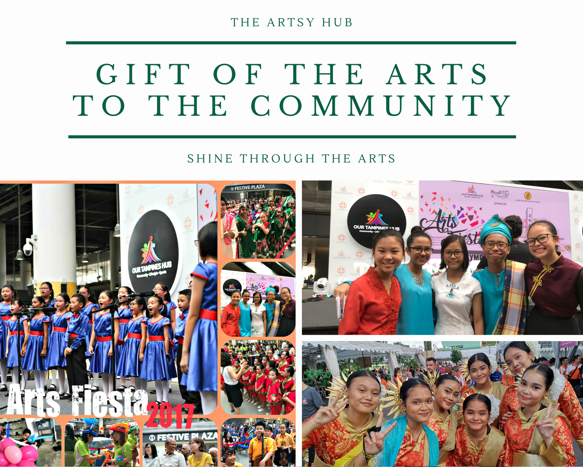 Collage of children in colorful cultural costumes performing at Arts Fiesta 2017 at Our Tampines Hub.